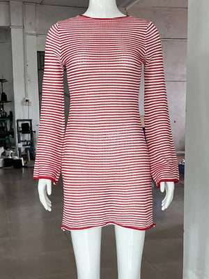 VILZSTUDIOS Elegant Striped Flare Sleeve Dress Womens