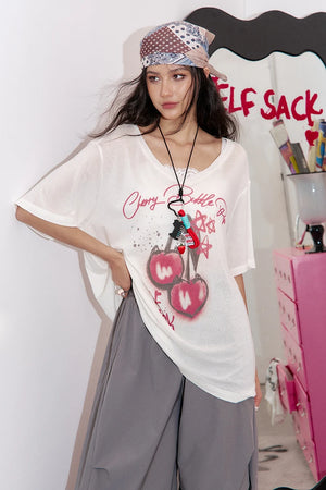 VILZSTUDIOS Vibrant Printed Loose V-Neck T-Shirt