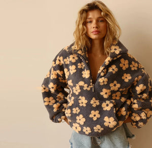 VILZSTUDIOS Cozy Zipped Flowers Print Sweater