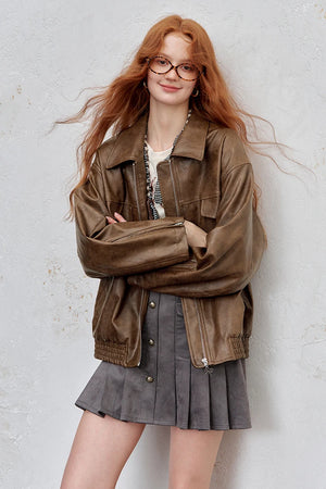 VILZSTUDIOS Y2K Vintage Texture Zip-Up Biker Leather Jacket