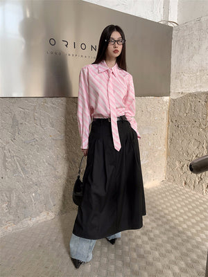 VILZSTUDIOS Pink Striped Button Up Shirt With Tie
