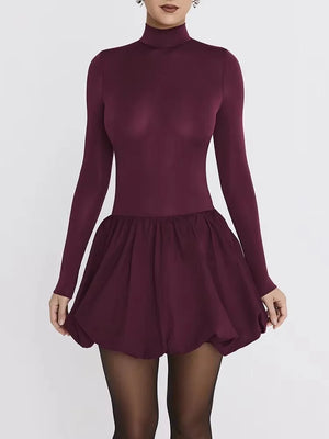 VILZSTUDIOS Burgundy Patchwork Turtleneck Long Sleeve Mini
