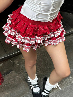 VILZSTUDIOS Lace Trim Layered Ruffled Mini Skirt