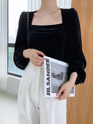 VILZSTUDIOS Black Velvet Square Neck Blouse