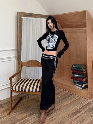 VILZSTUDIOS Black Pearl Print Long Sleeve Cropped Top