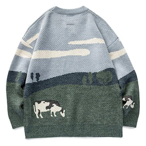 VILZSTUDIOS Vintage Winter Cows Print Sweaters