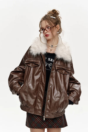 VILZSTUDIOS Plush Collar Spliced PU Jacket