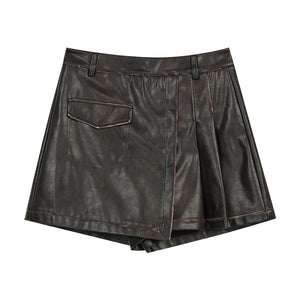 VILZSTUDIOS Chic Elegant Pleated Leather Mini Skirt