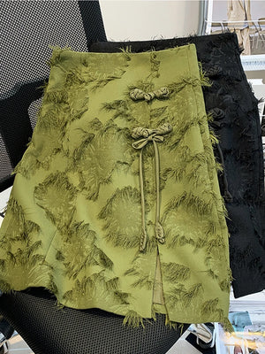 VILZSTUDIOS Elegant Green Chinese Style A-Line Skirt