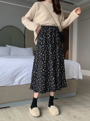 VILZSTUDIOS Floral Print Pleated Midi Skirt