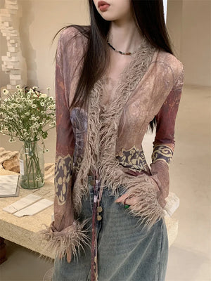 VILZSTUDIOS Ethnic Mesh Designer Fur Collar Coat