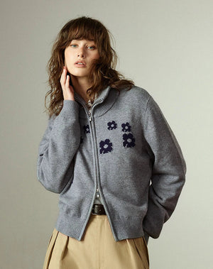 VILZSTUDIOS Flower Embroidered Zipped Cardigan