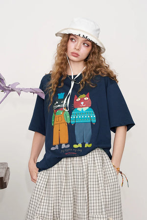 VILZSTUDIOS Chic 2 Cartoonish Cat Print T-Shirt