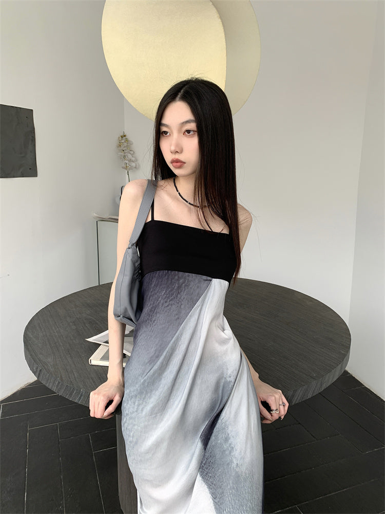 VILZSTUDIOS Elegant Ink Print Summer Maxi Dress