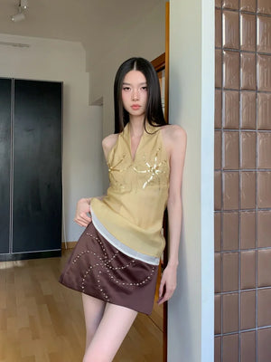 VILZSTUDIOS Vibrant Yellow Sequin Halter Top