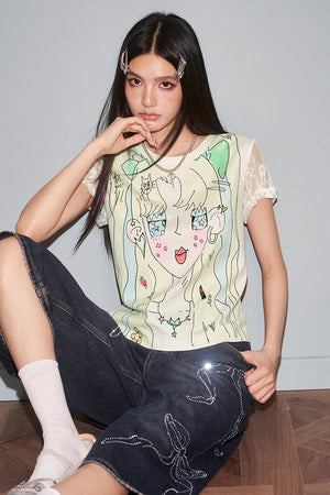 VILZSTUDIOS Sweet Lace Splicing Anime Print T-Shirt