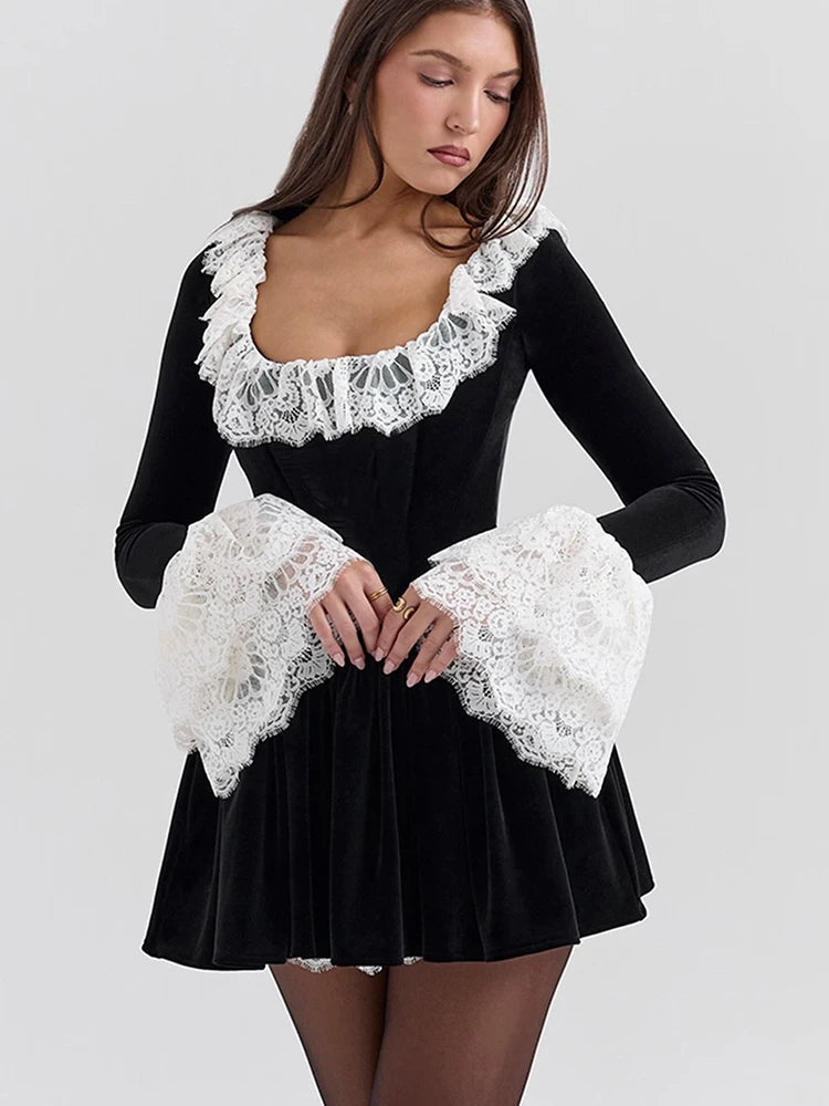 VILZSTUDIOS Sexy Black Lace Flare Sleeve Dress