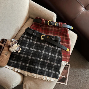 VILZSTUDIOS Plaid Lace Mini Skirt