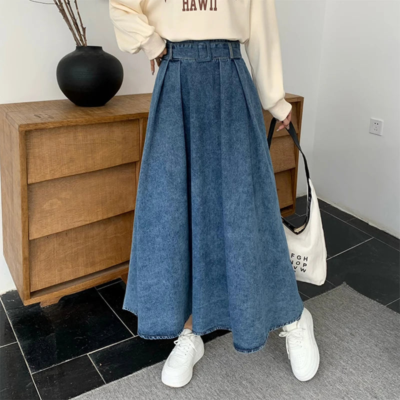 VILZSTUDIOS Blue Pleated A-Line Denim Skirt