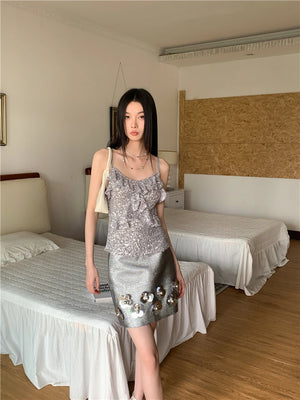 VILZSTUDIOS Silver Sequin Ruffles Tank Top