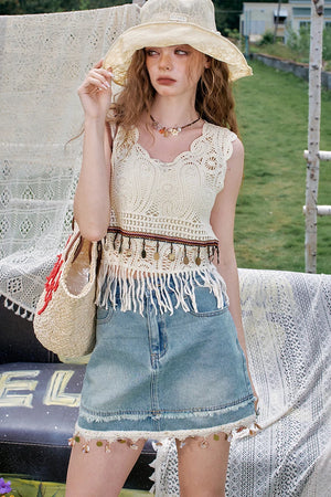 VILZSTUDIOS Stylish Shell Tassel Denim Mini Skirt