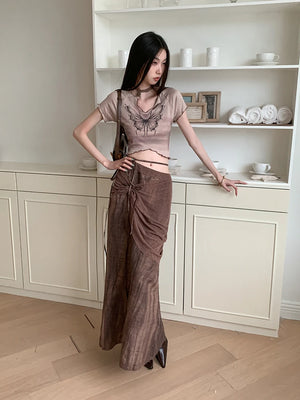 VILZSTUDIOS Brown Tie Dye High Waist Skirt & Top