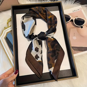 VILZSTUDIOS 70*70cm Leopard Green Brown Silk Scarf Women Simulated Silk Fresh and Elegant Versatile Headwear Clothing Bags and Square Scarf