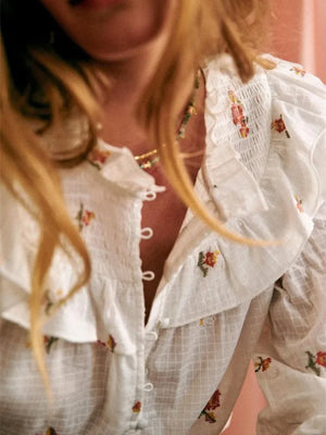 VILZSTUDIOS Ruffled Floral Print Lantern Sleeve Blouse