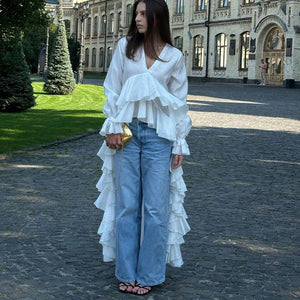 VILZSTUDIOS Ruffled Flare Sleeve V-Neck Blouse