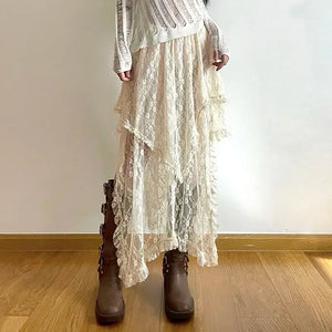 VILZSTUDIOS Vintage Boho Lace Asymmetrical Skirt