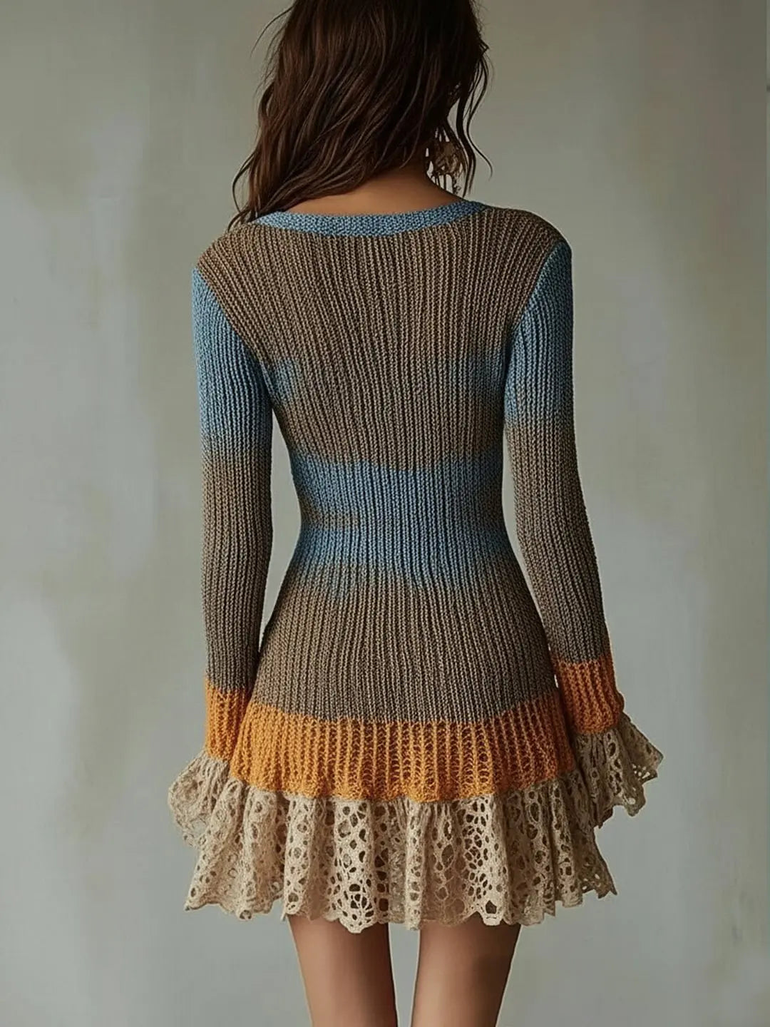 VILZSTUDIOS Country Style Knitted V Neck Mini Dress