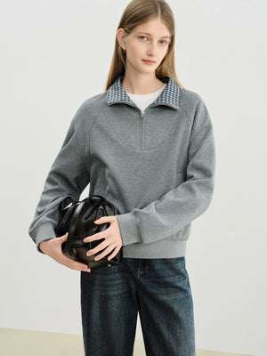 VILZSTUDIOS Cozy Plaid Stand Collar Sweatshirt