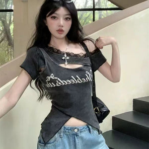 VILZSTUDIOS Lace Off-Shoulder Slim Fit T-Shirt