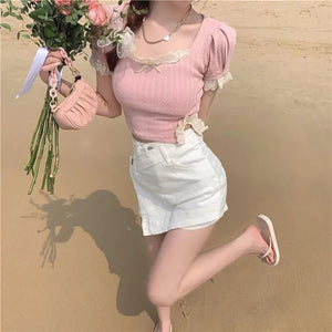 VILZSTUDIOS Spicy Girl Square Neck Lace Shirt