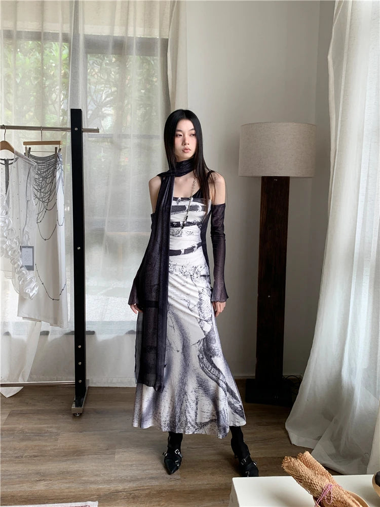 VILZSTUDIOS Elegant Patchwork Mesh Long Slip Dress