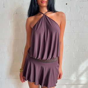 VILZSTUDIOS Sleek Lace Patchwork Halter Mini Dress