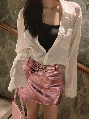 VILZSTUDIOS Shiny Pink Silver Reflective Patent Leather Skirts