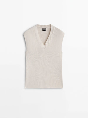 VILZSTUDIOS Minimalist Beige V-Neck Knit Vest