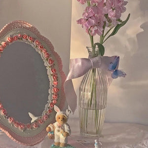 VILZSTUDIOS Stand Desktop Mirror Large Home Decoration Elegant Environmentally Pink Vintage Baroque Wall-Mounted Mirror for Bedroom Artistic