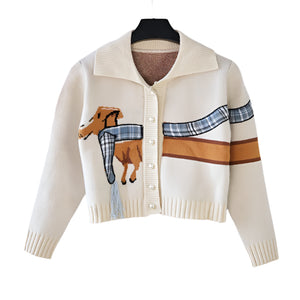 VILZSTUDIOS Cozy Chic Puppy Pattern Knit Cardigan