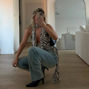 VILZSTUDIOS Zebra Print Backless Draped Cropped Halter Top
