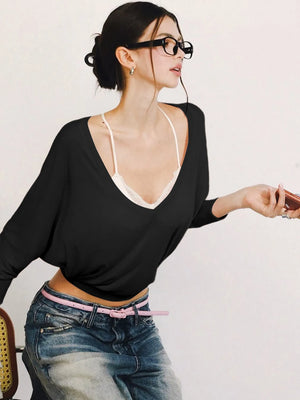 VILZSTUDIOS Sexy V-Neck Slim-Fit Long Sleeve Top
