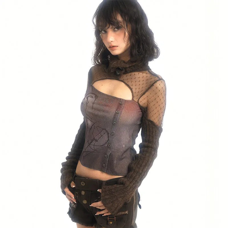 VILZSTUDIOS Vintage Patchwork Grunge Knitted Irregular T-Shirt