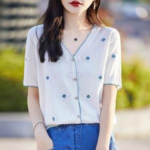 VILZSTUDIOS Embroidered Casual V-Neck Light Cardigan