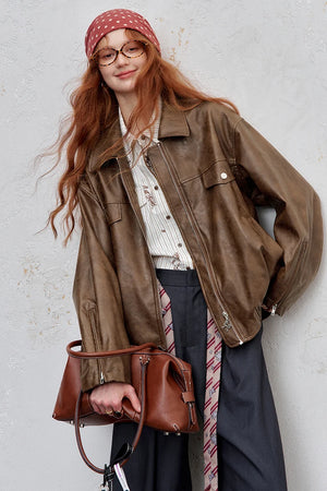 VILZSTUDIOS Y2K Vintage Texture Zip-Up Biker Leather Jacket