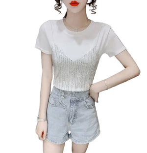 VILZSTUDIOS Shiny Diamond Sequin Slim Fit T-Shirt