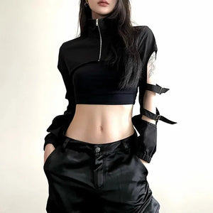 VILZSTUDIOS Cyberpunk Hollow Out Zipper Crop Top