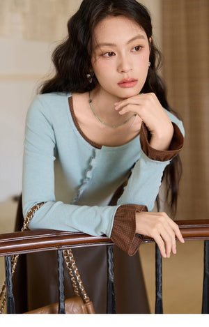 VILZSTUDIOS Blue Color Blocked Knitted Ruffled Long Sleeve Top