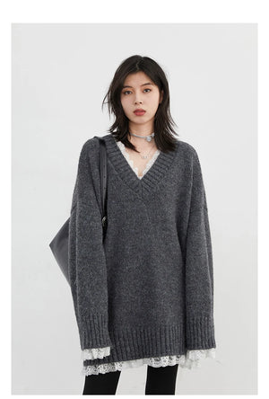 VILZSTUDIOS Casual Loose V-Neck Knit Sweater