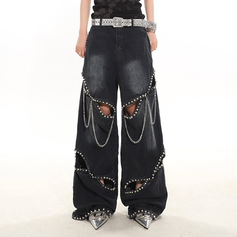 VILZSTUDIOS Stylish wide-leg jeans with ripped details and chain accents